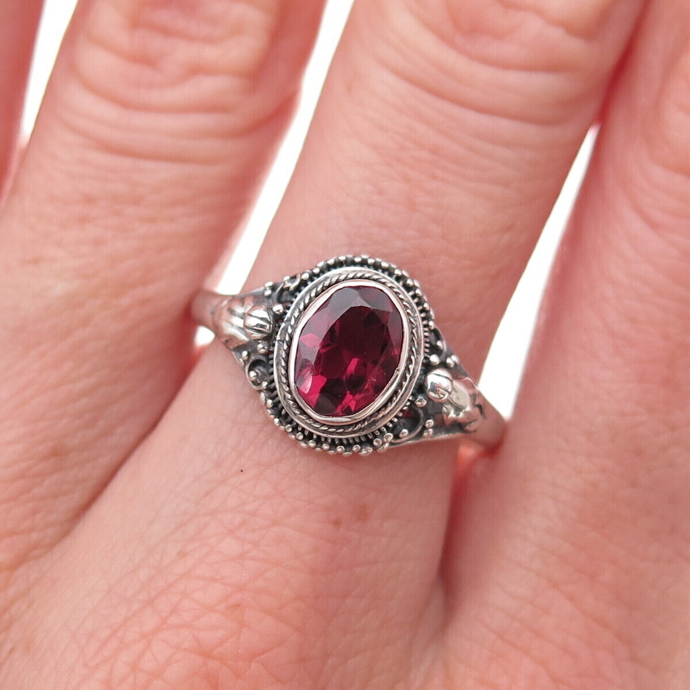 925 Sterling Silver Vintage Real Red Garnet Floral Oxidized Ring Size 9.25